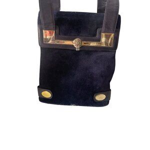 Vintage Navy Suede & Leather Handbag With Gold-Tone Accents And Top Handle